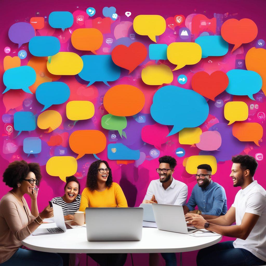 A diverse group of people actively engaging in a dynamic blog discussion, surrounded by laptops and digital devices, symbolizing community and collaboration. Include vibrant speech bubbles filled with ideas and icons representing different blogging strategies. The background should be a colorful burst of interconnected community elements like hearts, thumbs up, and chat symbols. super-realistic. vibrant colors. 3D.