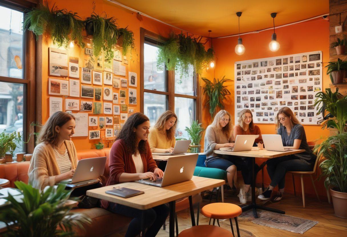 A vibrant scene showcasing a diverse group of bloggers passionately typing on their laptops in a cozy café, with speech bubbles filled with creative ideas floating around. In the background, colorful posters of famous blogs and social media icons adorn the walls, symbolizing online engagement. The warm glow of natural light highlights lively plant decorations and a welcoming atmosphere. super-realistic. vibrant colors. cozy ambiance.