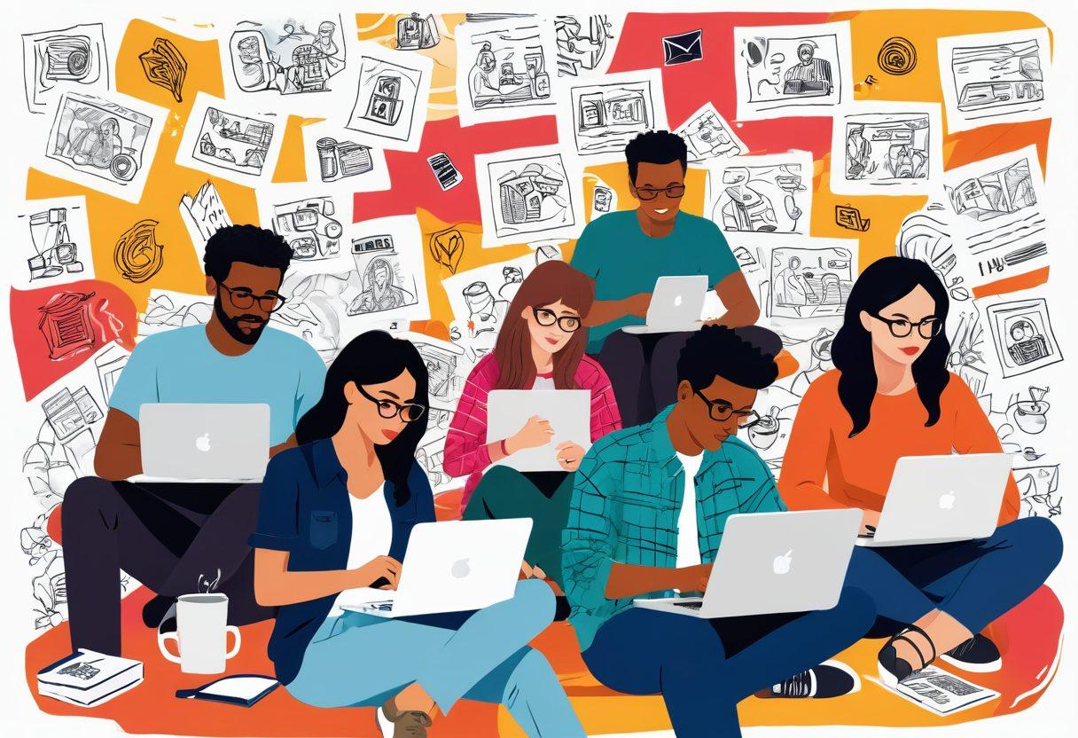 A vibrant collage showing a diverse group of bloggers engaging in various activities: one typing on a laptop in a cozy cafe, another filming a product review with a camera, and a third sketching ideas on paper. The background features digital elements like social media icons and blog posts floating around, symbolizing the digital culture. Bright colors and whimsical design to convey creativity. vector art. vibrant colors. white background.